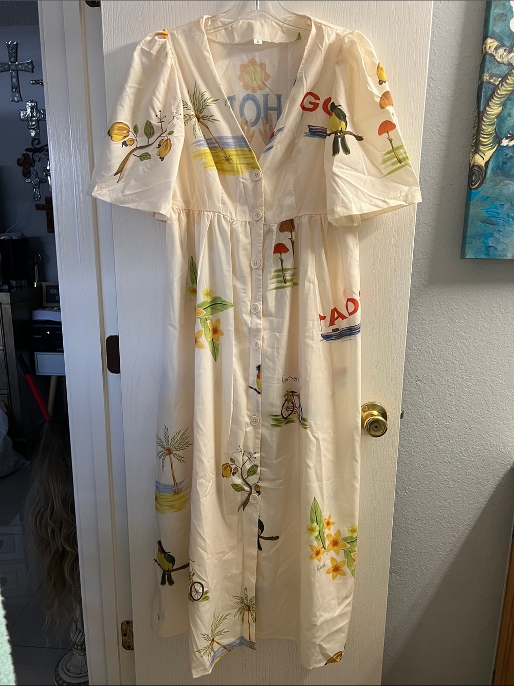 RHODE Cream Maxi Dress with Multicolor Floral & Scenic Print